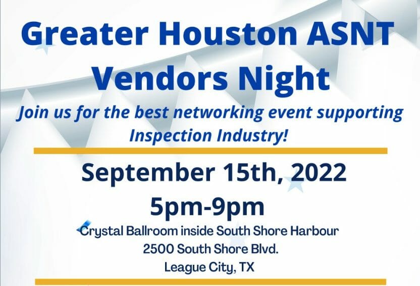 Greater Houston ASNT 2022 Vendor Night Sept 15th – League City, TX