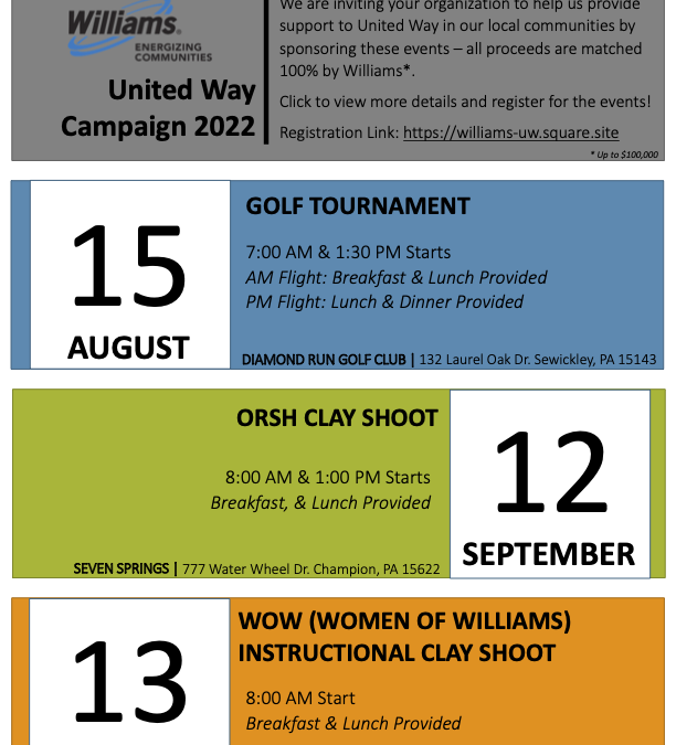 Williams Annual Pittsburgh 2022 United Way Golf Outing August 15th – Sewickley, PA