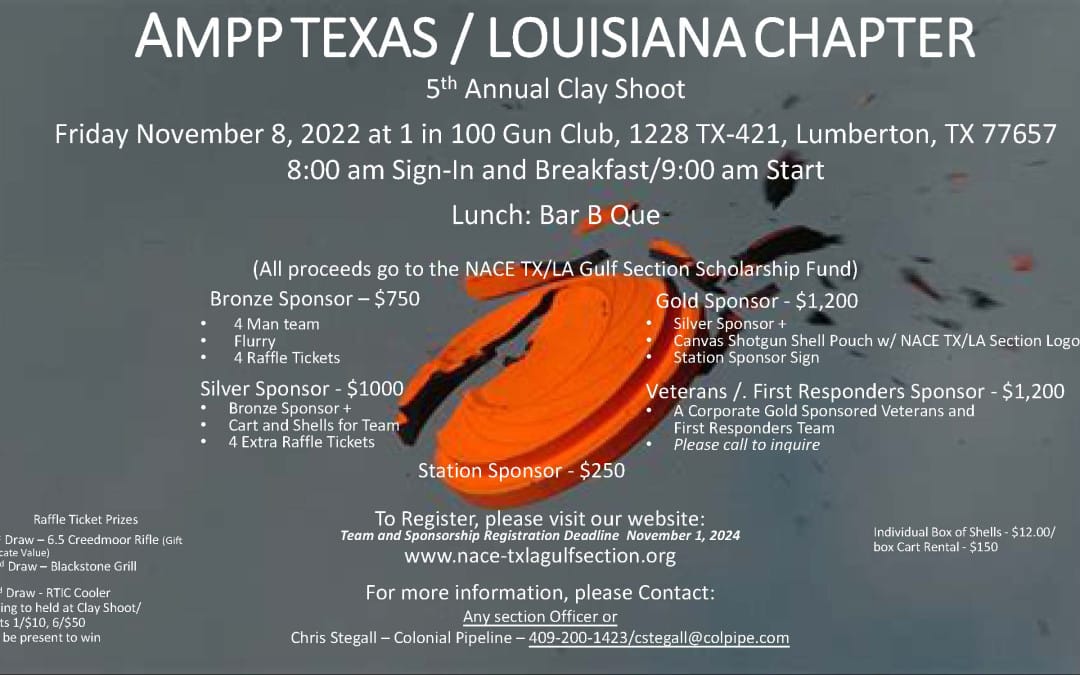 Register Now for the AMPP Texas Louisiana Chapter Clay Shoot November 8th 2024 – Lumberton, TX