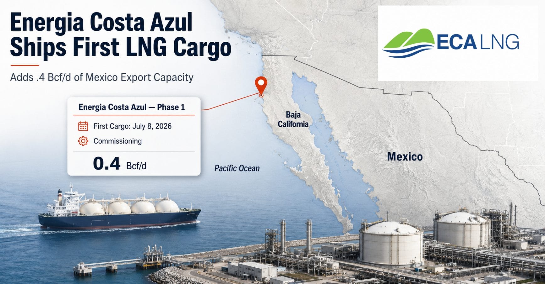 Energia Costa Azul Ships First LNG Cargo, Adds 0.4 Bcf:d of Mexico Export Capacity Midstream Calendar LNG News Midstream Energy Calendar