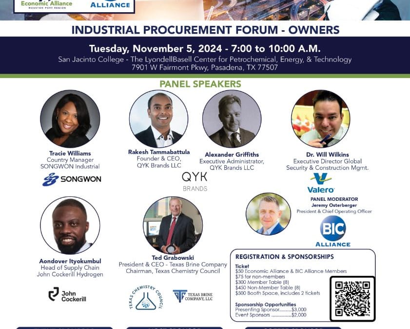 Register now for the Economic Alliance Port Region Industrial Procurement Forum Nov 5, 2024 Pasadena, Tx