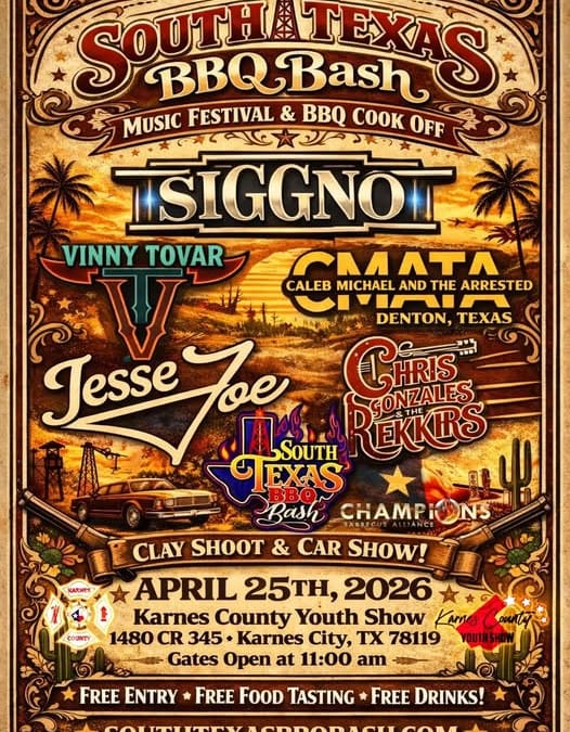 Register Now for the South Texas BBQ Bash Music Festival and BBQ Cook Off – April 25, 2026 – Karnes City, TX