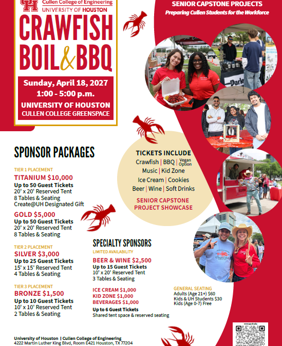 Register Now for the University of Houston Cullen College of Engineering 36th Crawfish Boil & BBQ – Apr 18, 2027 – Houston, TX